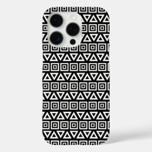Aztec Triangles+Squares Pattern White on Black iPhone 16 Pro Case
