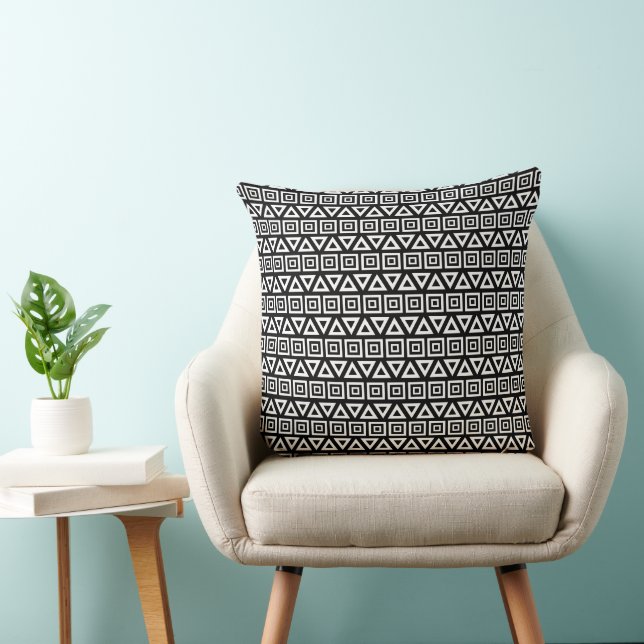 Aztec Triangles+Squares Pattern White on Black Cushion (Chair)
