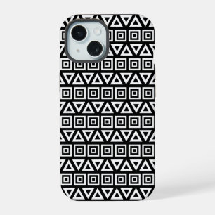 Aztec Triangles+Squares Pattern White on Black iPhone 15 Case