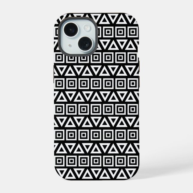 Aztec Triangles+Squares Pattern White on Black iPhone 15 Case (Back)