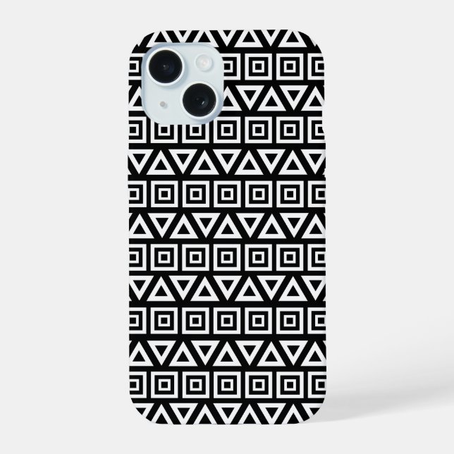 Aztec Triangles+Squares Pattern White on Black iPhone 15 Case (Back)