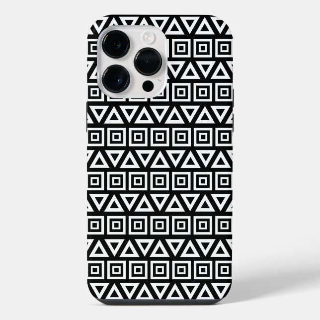 Aztec Triangles+Squares Pattern White on Black iPhone Case (Back)