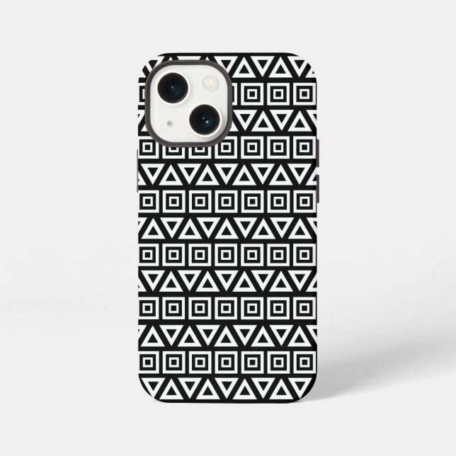 Aztec Triangles+Squares Pattern White on Black iPhone Case (Back)