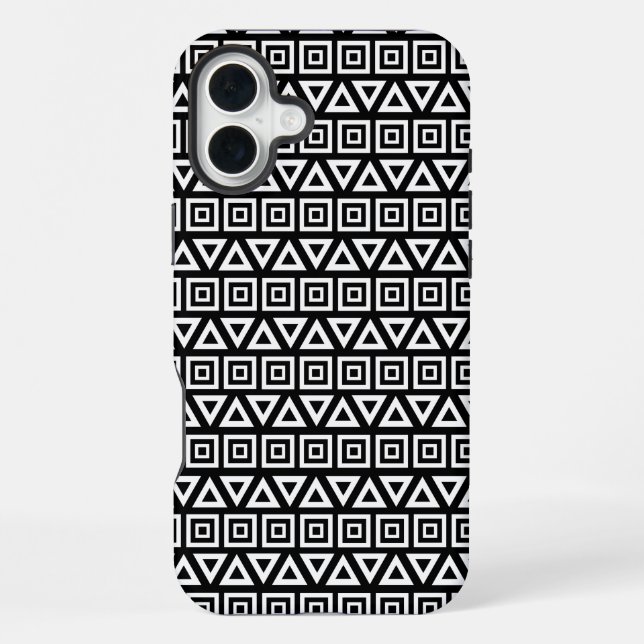 Aztec Triangles+Squares Pattern White on Black iPhone Case (Back)