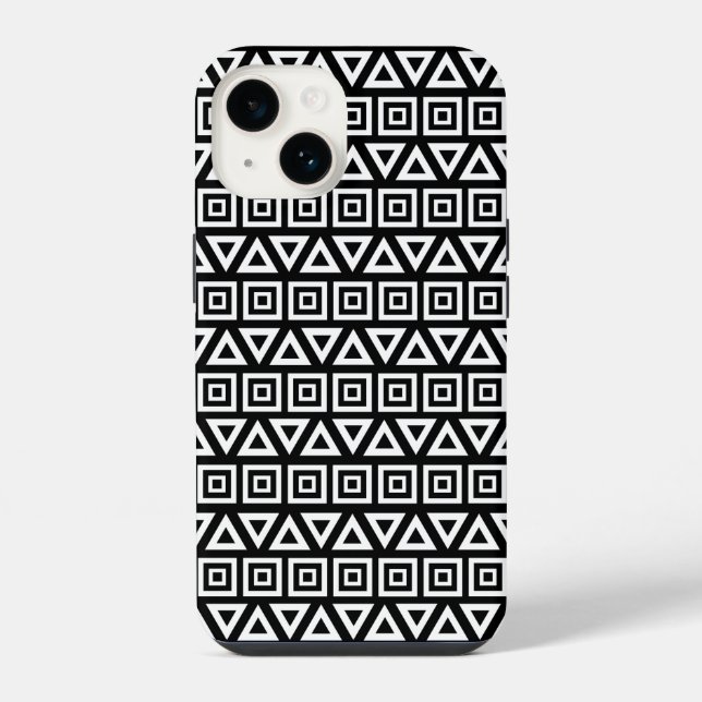 Aztec Triangles+Squares Pattern White on Black iPhone Case (Back)