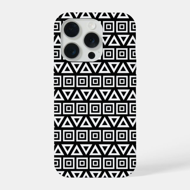 Aztec Triangles+Squares Pattern White on Black iPhone Case (Back)