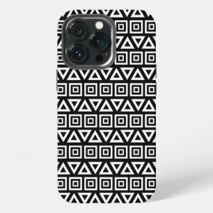 Aztec Triangles+Squares Pattern White on Black iPhone 13 Pro Case