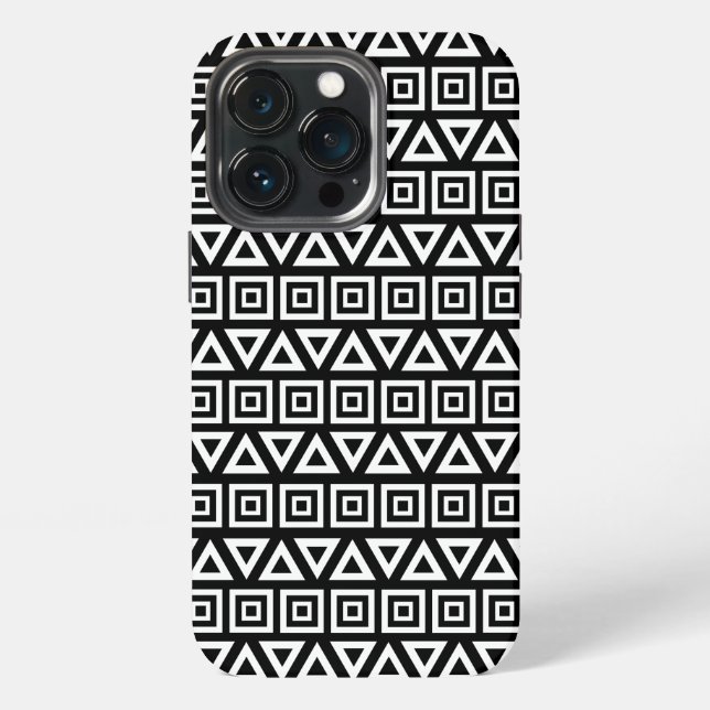 Aztec Triangles+Squares Pattern White on Black iPhone Case (Back)