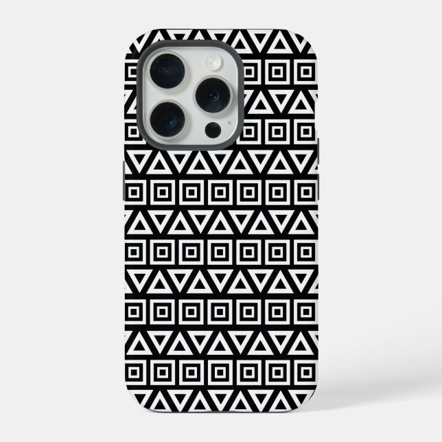 Aztec Triangles+Squares Pattern White on Black iPhone Case (Back)