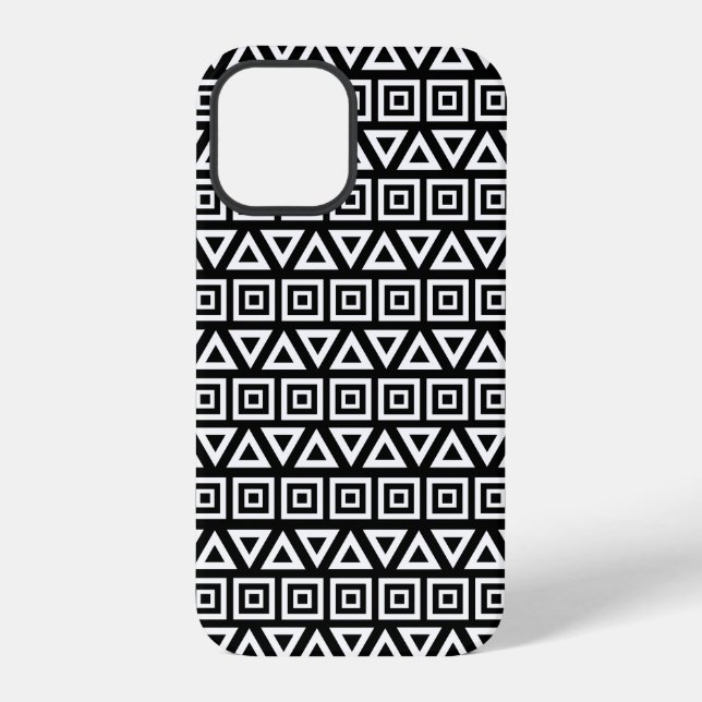 Aztec Triangles+Squares Pattern White on Black iPhone Case (Back)