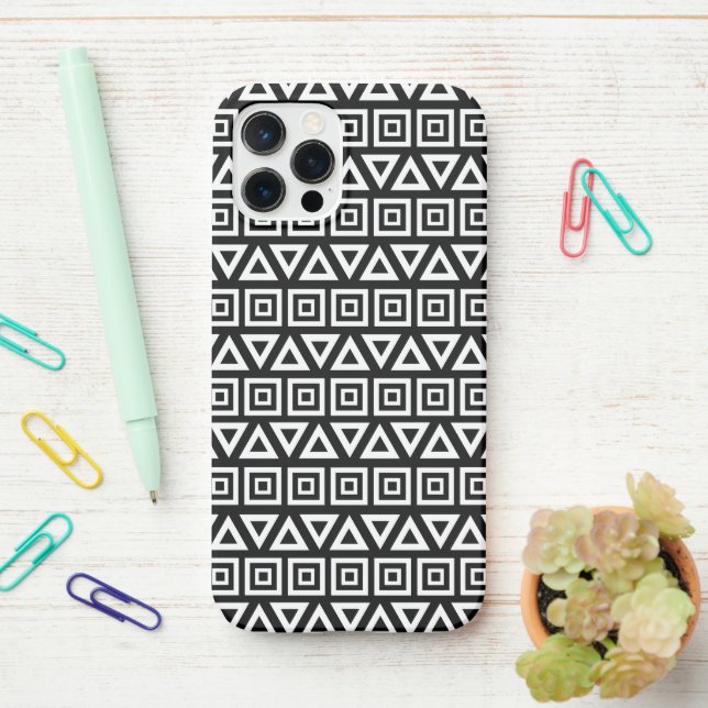 Aztec Triangles+Squares Pattern White on Black iPhone Case (On Desk)