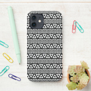 Aztec Triangles+Squares Pattern White on Black iPhone 12 Case