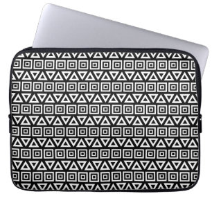 Aztec Triangles+Squares Pattern White on Black Laptop Sleeve