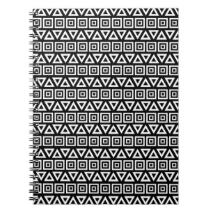 Aztec Triangles+Squares Pattern White on Black Notebook