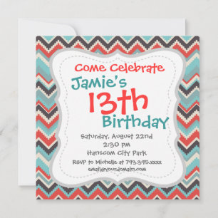 Aztec Tribal Chevron Zig Zag Pattern Red Blue Grey Invitation