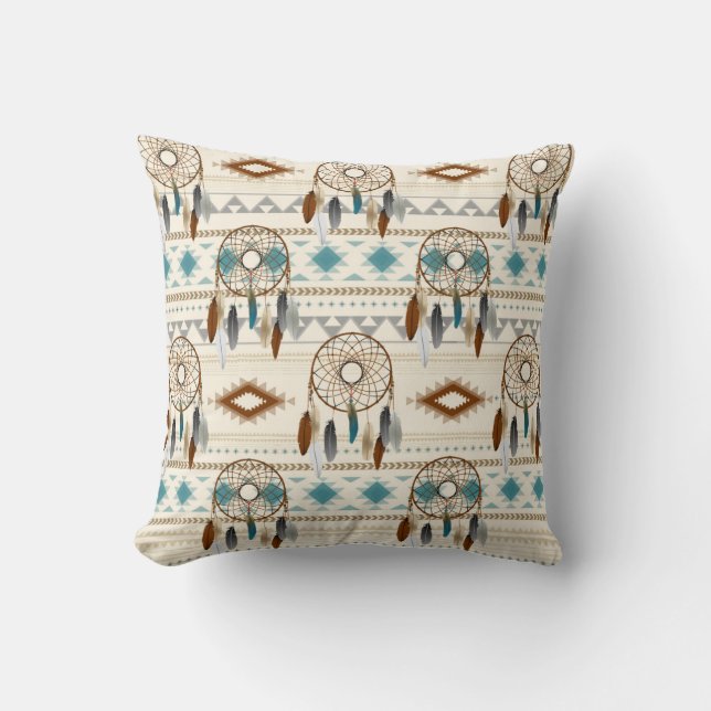 Aztec Tribal Dream Catchers Neutral Browns & Teal Cushion (Front)