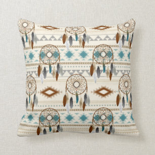 Aztec Tribal Dream Catchers Neutral Browns & Teal Cushion