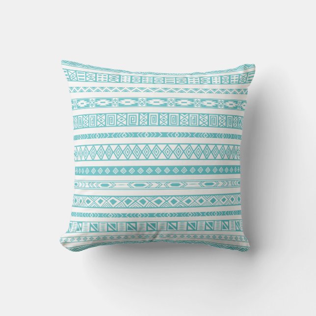Aztec Tribal Ethnic Geometric Pattern Teal Blue Cushion (Front)