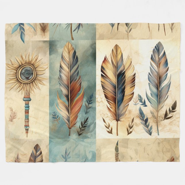 Aztec Tribal Feathers Medicine Stick Fleece Blanket (Front (Horizontal))