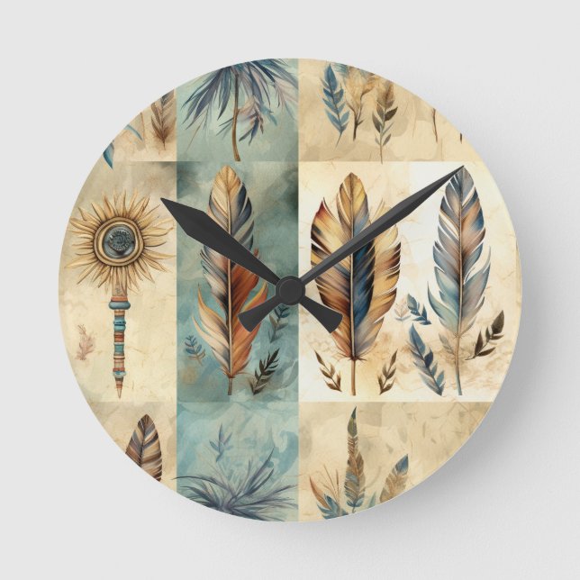Aztec Tribal Feathers Medicine Stick Round Clock (Front)