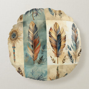 Aztec Tribal Feathers Medicine Stick Round Cushion