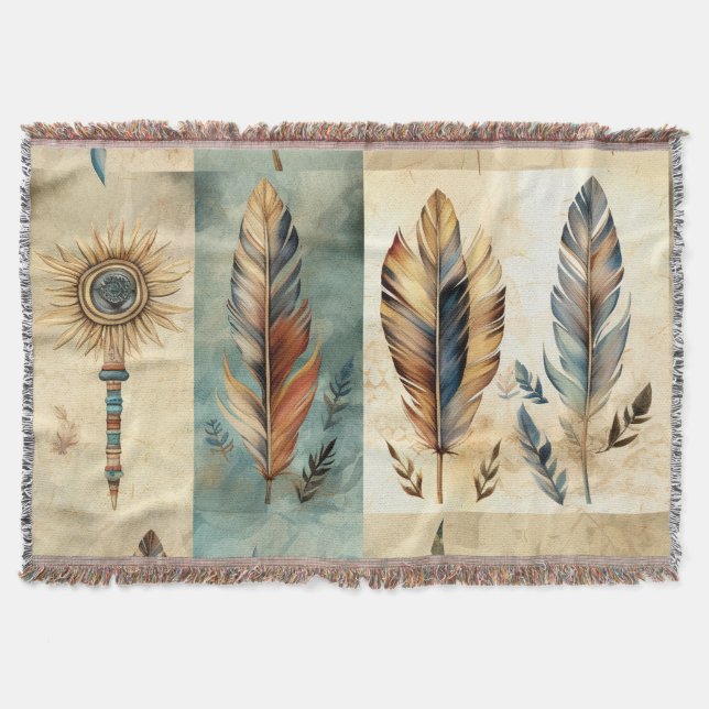 Aztec Tribal Feathers Medicine Stick Throw Blanket (Front)