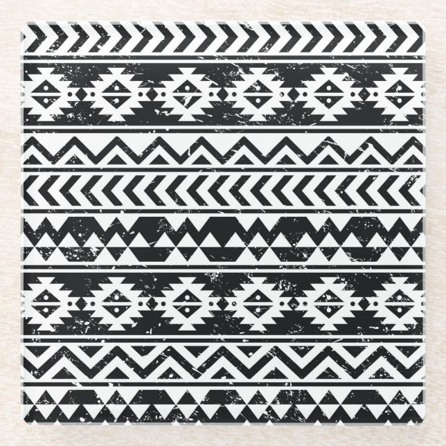 Aztec tribal: grunge white pattern. glass coaster (Front)