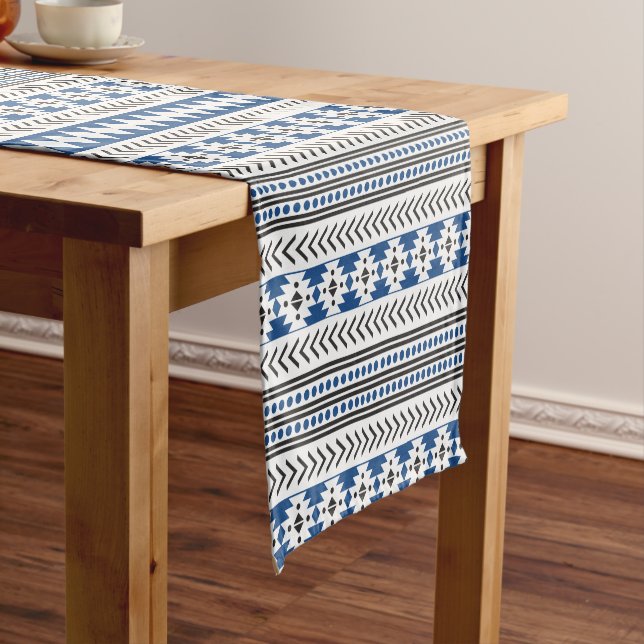 Aztec Tribal Pattern Blue Black And White Short Table Runner (In Situ)