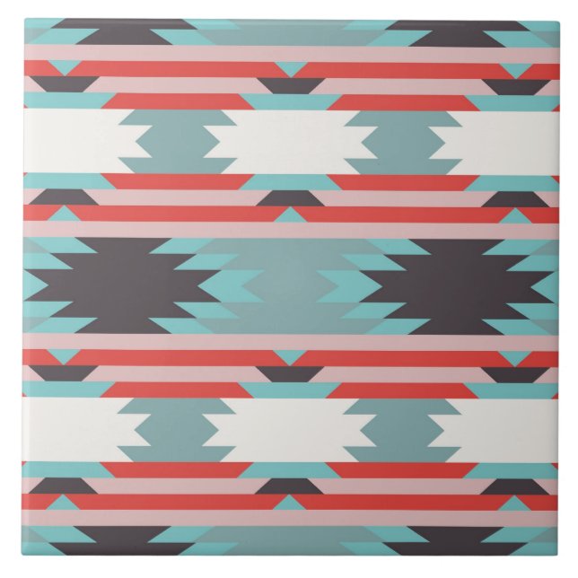 Aztec Tribal Pattern Native American Red Blue Tile (Front)