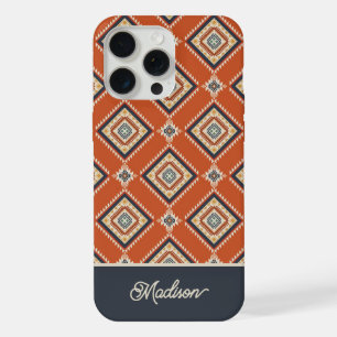 Aztec Tribal Pattern Rust Blue Personalised Name iPhone 15 Pro Max Case