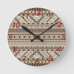 Aztec Tribal Print Neutral Browns Beige Taupe red Round Clock