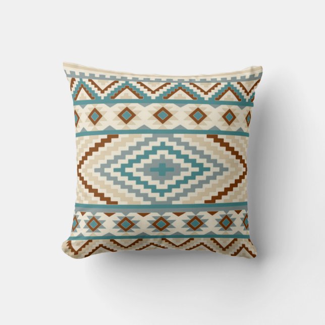 Aztec Tribal Print Neutral Browns Beige Teal Cushion (Front)