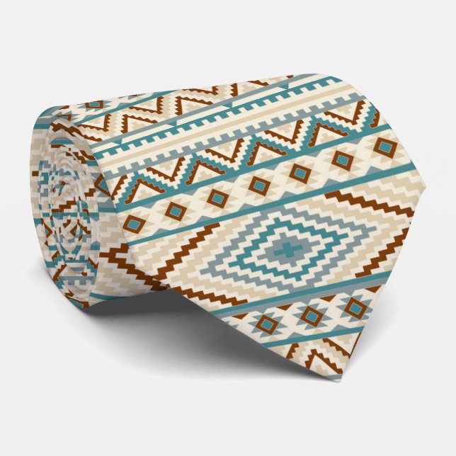 Aztec Tribal Print Neutral Browns Beige Teal Tie (Rolled)