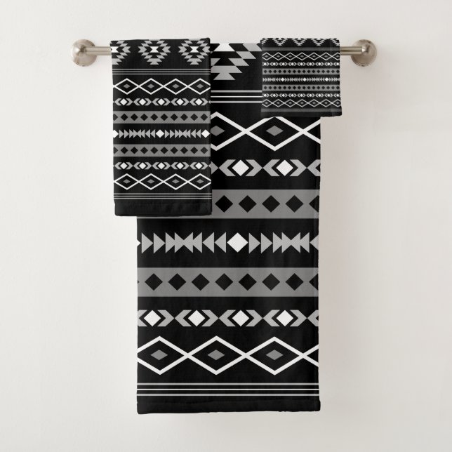 Aztec White Grey Black Mixed Motifs Pattern Bath Towel Set (Insitu)