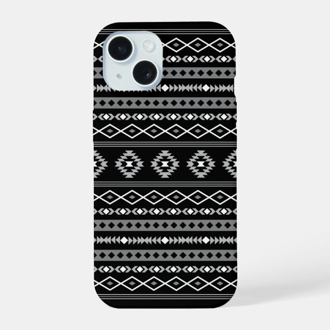 Aztec White Grey Black Mixed Motifs Pattern iPhone 15 Case (Back)
