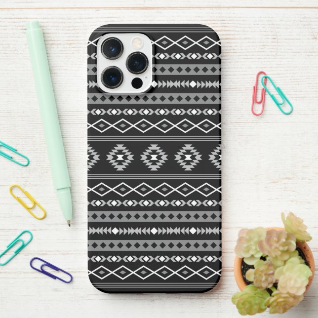 Aztec White Grey Black Mixed Motifs Pattern iPhone Case (On Desk)