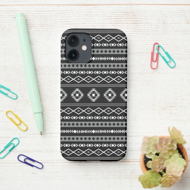 Aztec White Grey Black Mixed Motifs Pattern iPhone Case (On Desk)