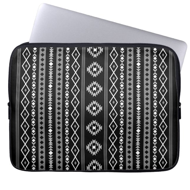 Aztec White Grey Black Mixed Motifs V Pattern Laptop Sleeve (Front)