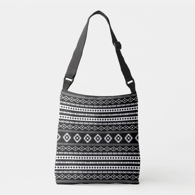 Aztec White on Black Mixed Motifs Pattern Crossbody Bag (Front)
