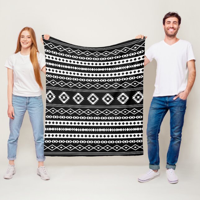 Aztec White on Black Mixed Motifs Pattern Fleece Blanket (In Situ)