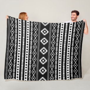 Aztec White on Black Mixed Motifs Pattern Fleece Blanket
