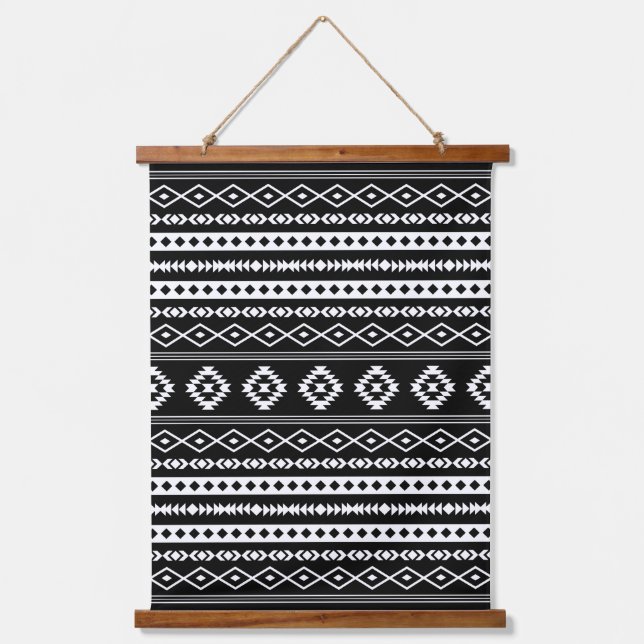 Aztec White on Black Mixed Motifs Pattern Hanging Tapestry (Front)