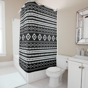 Aztec White on Black Mixed Motifs Pattern Shower Curtain