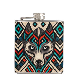 Aztec Wolf Face Hip Flask
