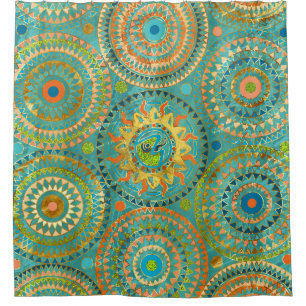 Aztect Lizard in sun symbol on  geometric pattern Shower Curtain