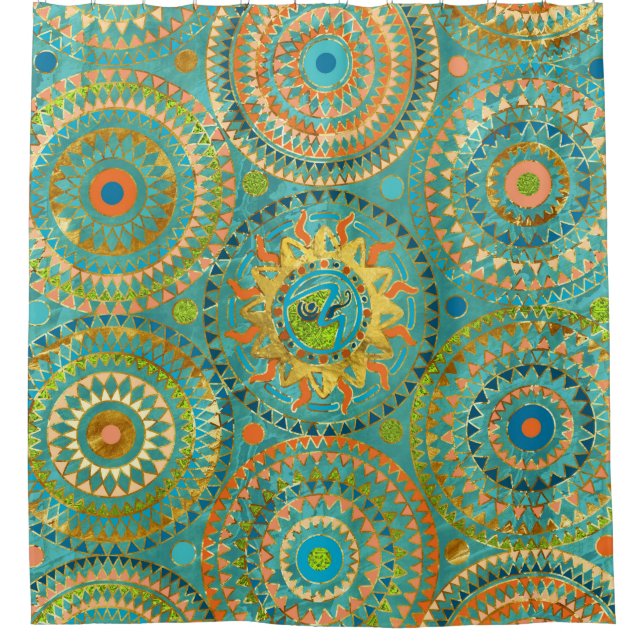 Aztect Lizard in sun symbol on  geometric pattern Shower Curtain (Front)