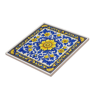 Azul Flor Dourada — Floral Azulejo Ceramic Tile