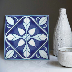 Azulejo Blue and White Symmetrical Floral Ceramic Tile