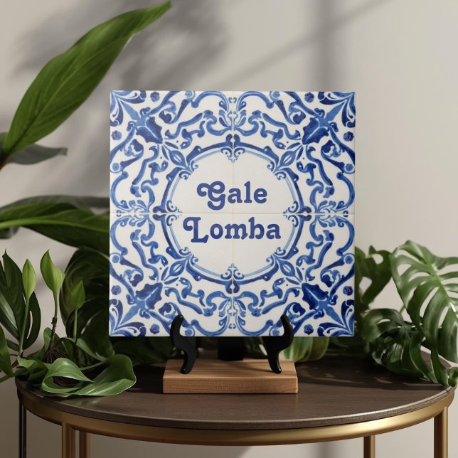 Azulejo Blue Custom House Name Plate Plaque Sign  Ceramic Tile (Azulejo Mediterranean Blue & White Custom House Name Or Family Name Plaque Sign Square Ceramic Tile)
