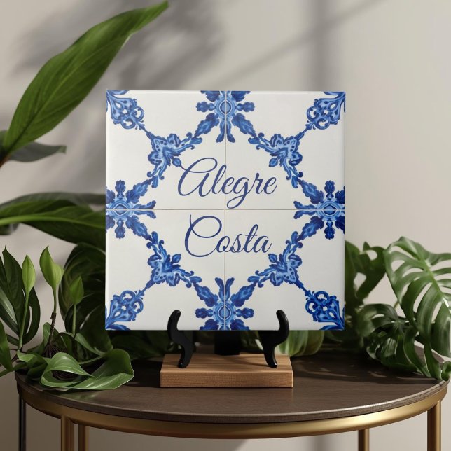 Azulejo Blue Custom House Name Plate Plaque Sign  Ceramic Tile (Azulejo Mediterranean Blue & White Custom House Name Or Family Name Plaque Sign Square Ceramic Tile)